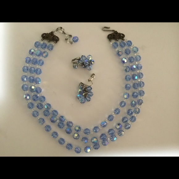 HOST PICK-VINTAGE CRYSTAL SET /BLUE THREE STRAND NECKLACE WITH CLIP EARRINGS - Picture 1 of 6